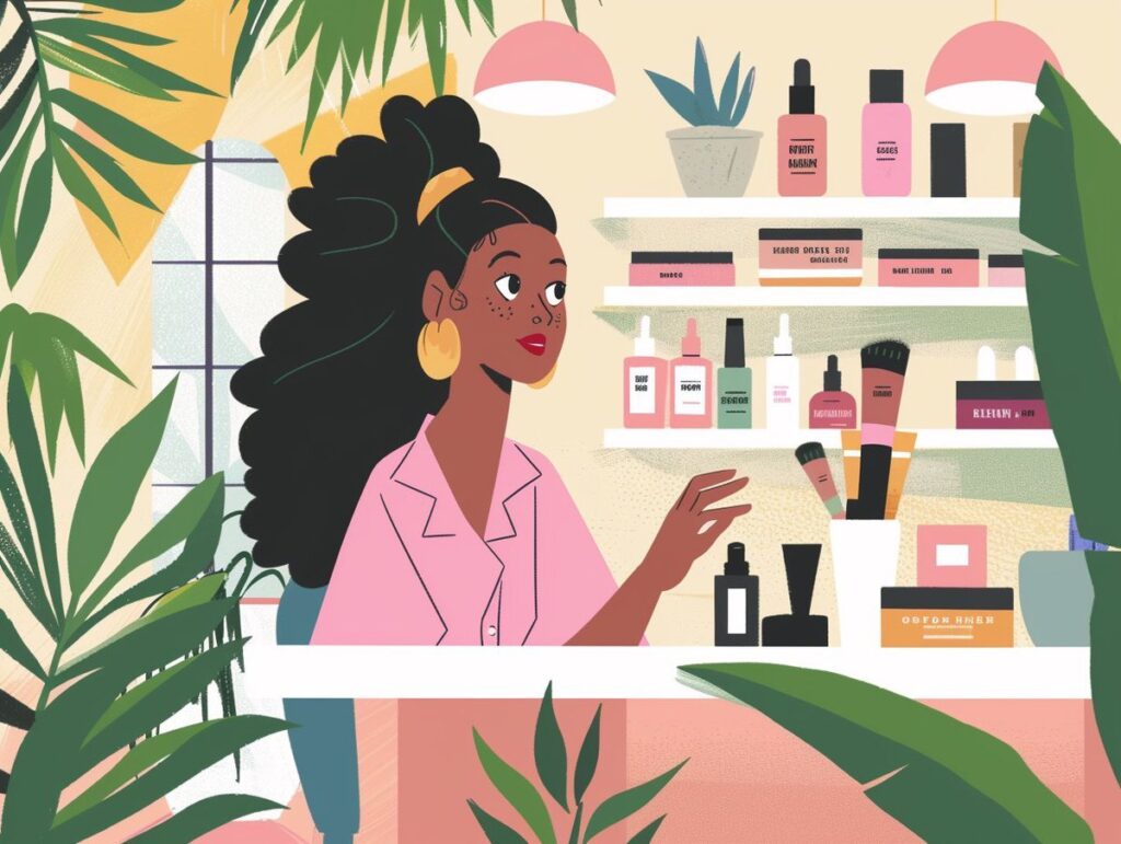 Beauty consultant assisting a customer with makeup products at a beauty counter